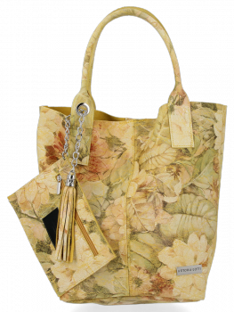Modna Torebka Skórzana Shopper Bag w kwiaty firmy Vittoria Gotti Żółta
