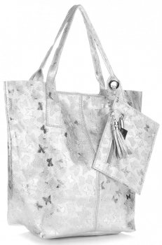 Uniwersalna Torebka Skórzana ShopperBag firmy Genuine Leather w Motyle Srebrna