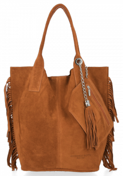 Modna Torebka Skórzana Zamszowy Shopper Bag w Stylu Boho firmy Vittoria Gotti Ruda