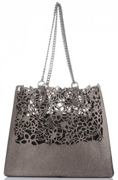 Vittoria Gotti Ekskluzywna Torba Skórzana Elegancki Włoski Ażurowy Shopper XL z Kosmetyczką Stare Złoto