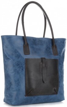 Uniwersalna Torebka Skórzana XXL Genuine Leather Niebieska - Jeans