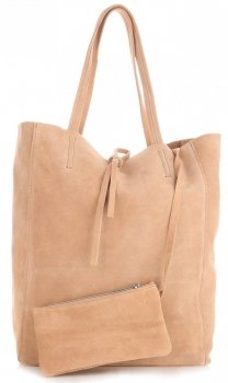 Modna Torba Skórzana ShopperBag z Etui Beżowa