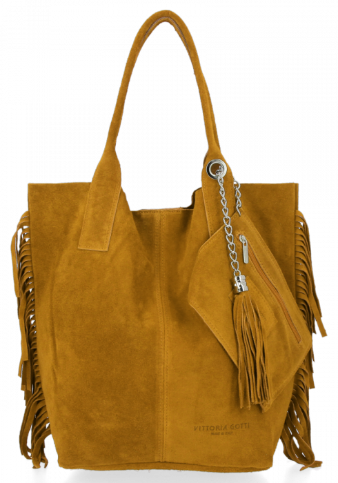 Modna Torebka Skórzana Zamszowy Shopper Bag w Stylu Boho firmy Vittoria Gotti Jasno Ruda