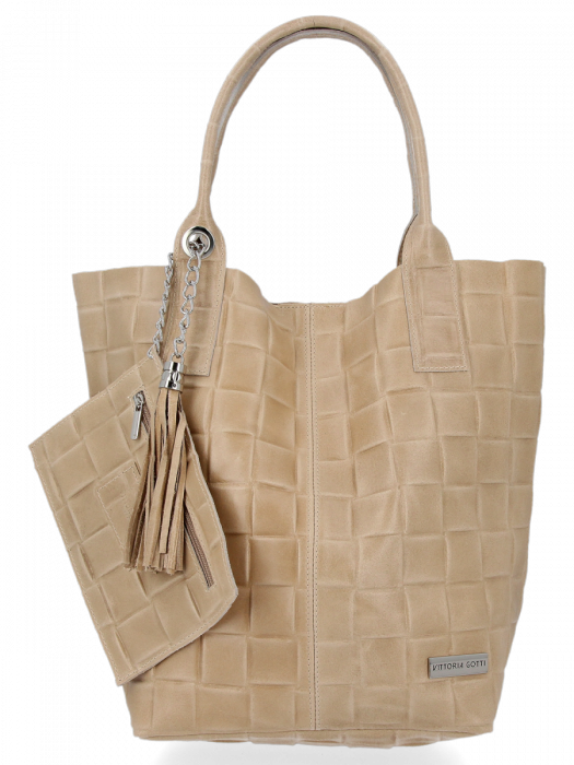 Modne Torebki Skórzane Shopper Bag XL z Etui firmy Vittoria Gotti Beżowa