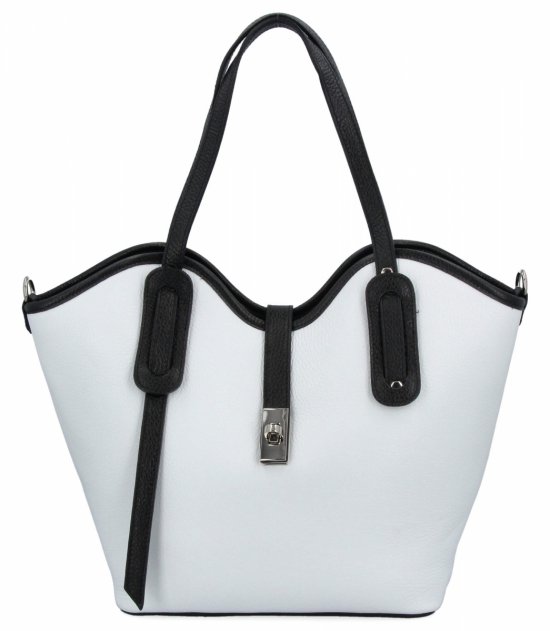 Włoska Torebka Skórzana Shopper Bag z Kosmetyczką 631 Biała/Czarna