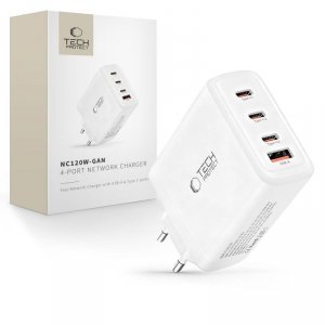 Szybka Ładowarka Sieciowa Tech-Protect NC120W-GAN 4-Port PD 120W / QC3.0  do Laptopa / iPhone White