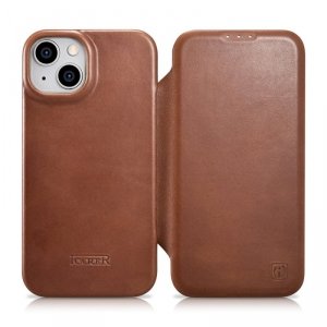 iCarer CE Oil Wax Premium Leather Folio Case skórzane etui iPhone 14 z klapką magnetyczne MagSafe brązowy (AKI14220705-BN)