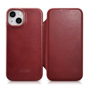 iCarer CE Oil Wax Premium Leather Folio Case skórzane etui iPhone 14 z klapką magnetyczne MagSafe czerwony (AKI14220705-RD)