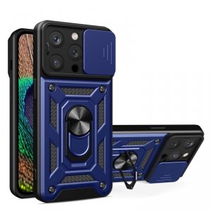Pancerne etui z podstawką i osłoną aparatu do iPhone 15 Pro Hybrid Armor Camshield - niebieskie