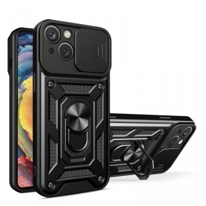 Pancerne etui z podstawką i osłoną aparatu do iPhone 15 Plus Hybrid Armor Camshield - czarne