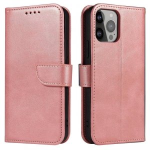 Etui portfel z klapką podstawką do iPhone 15 Plus Magnet Case - różowe
