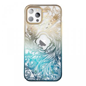 Luksusowe etui iPhone 14 Pro z kryształami Kingxbar Phoenix - złoto-niebieskie