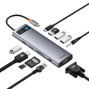 HUB 11w1 Baseus Metal Gleam Series USB-C do USB-C PD / 3x USB-A 3.0 / USB-A 2.0 / HDMI / VGA / AUX / RJ-45 / SD TF - szary