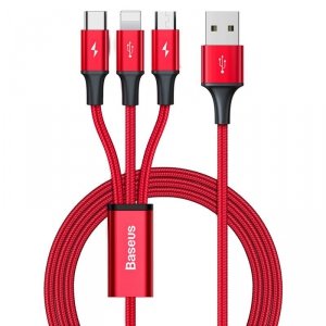Baseus kabel 3w1 z końcówkami USB - USB Typ C / Lightning / micro USB 1,2m, 3,5A czerwony (CAJS000009)