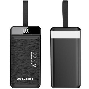 AWEI PowerBank P141K 40000mAh 22.5W czarny/black 3xUSB/PD/Lightning wyświetlacz + lampka LED