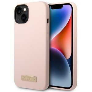Guess GUHMP14MSBPLP iPhone 14 Plus/ 15 Plus 6.7 różowy/pink hard case Silicone Logo Plate MagSafe