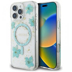 Etui Guess Resin Flowers Glitter MagSafe do iPhone 16 Pro turkusowy