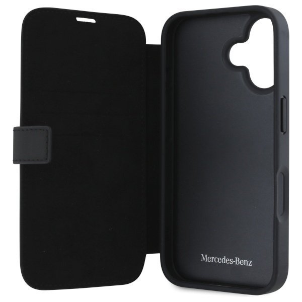 Etui Mercedes Book Case do iPhone 16 6.1” – Skórzane z Motywem Drewna, Czarne