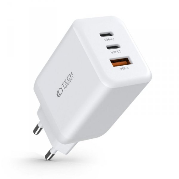 TECH-PROTECT C65W-2 3-PORT NETWORK CHARGER PD65W/QC3.0 WHITE