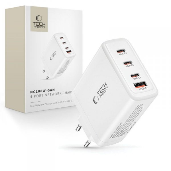 TECH-PROTECT NC100W-GAN 4-PORT ŁADOWARKA SIECIOWA  PD100W/QC3.0 WHITE