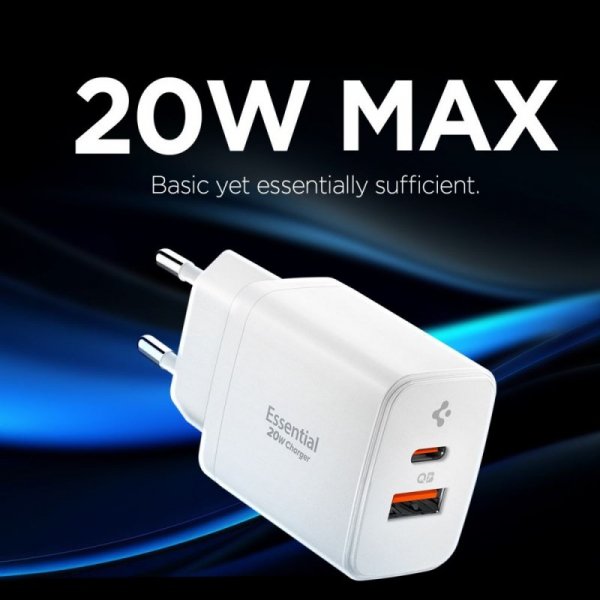 Ładowarka Sieciowa Spigen 20W 2-Porty USB-C + USB-A – Biała