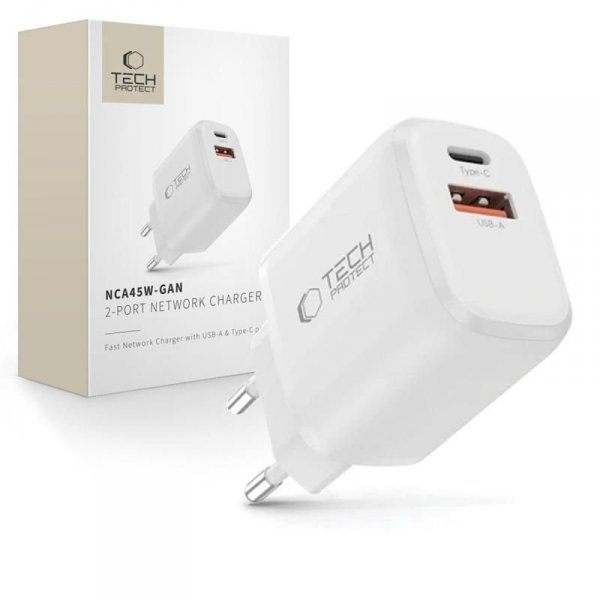 Szybka Ładowarka Sieciowa Tech-Protect NCA45W-GAN 2-Port PD 45W / QC3.0 White