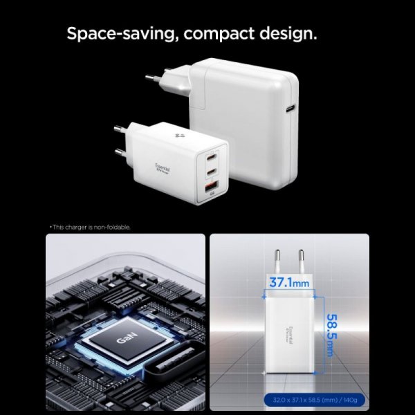 Ładowarka Sieciowa Spigen 3-Portowa 67W USB-C / USB-A Szybkie Ładowanie – Biała
