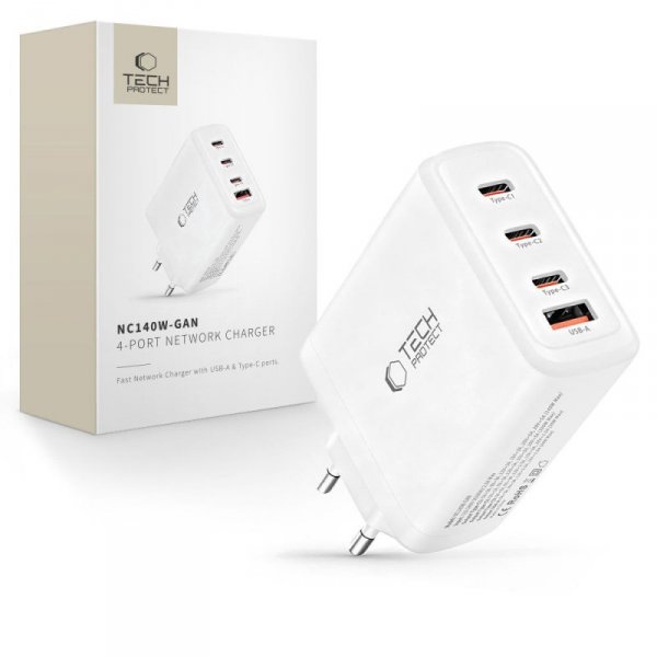 Szybka Ładowarka Sieciowa Tech-Protect PD 140W / QC3.0 4-Port PD 140W do MacBook / iPhone White