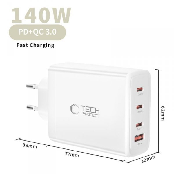 Szybka Ładowarka Sieciowa Tech-Protect PD 140W / QC3.0 4-Port PD 140W do MacBook / iPhone White