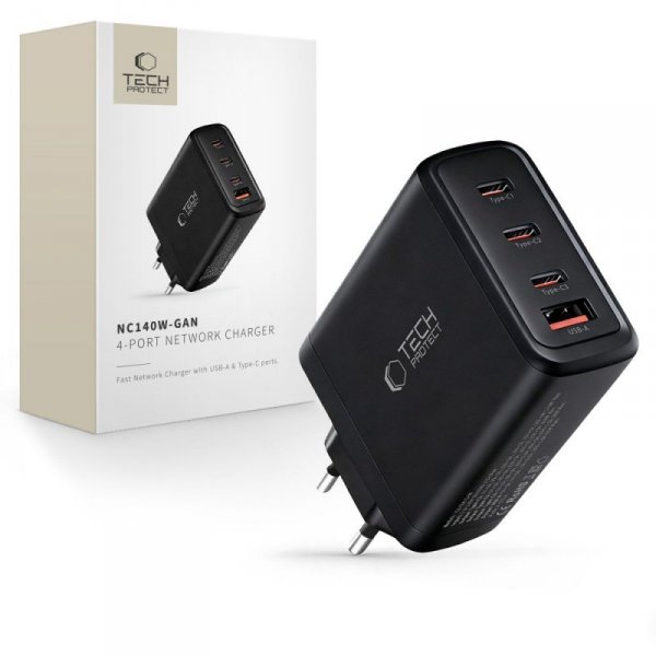 Szybka Ładowarka Sieciowa Tech-Protect NC140W-GAN 4-Port PD 140W / QC3.0 do Laptopa / Telefonu Black
