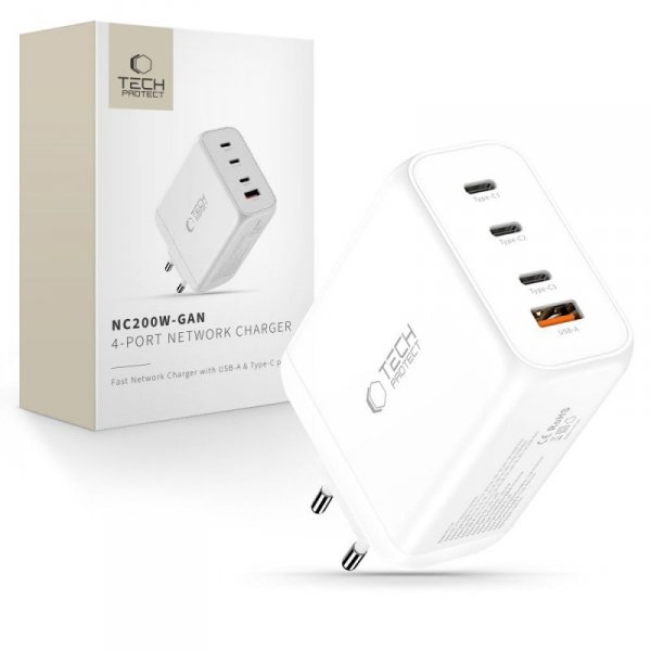 Szybka Ładowarka Sieciowa Tech-Protect NC200W-GaN 4-Port PD 200W QC3.0 White