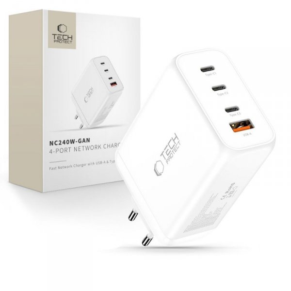 Super Szybka Ładowarka Sieciowa Tech-Protect NC240W-GaN 4-Port PD 240W QC3.0 White
