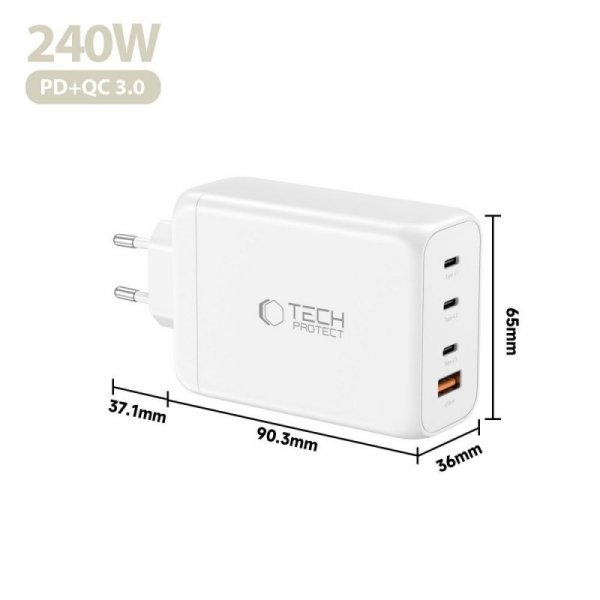 Super Szybka Ładowarka Sieciowa Tech-Protect NC240W-GaN 4-Port PD 240W QC3.0 White