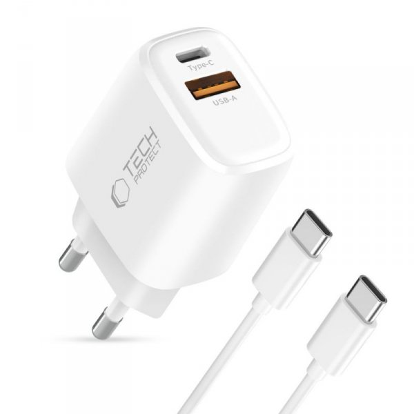 Ładowarka Sieciowa Tech-Protect NCA45W-GaN 2-Port PD 45W QC3.0+ Kabel USB-C White