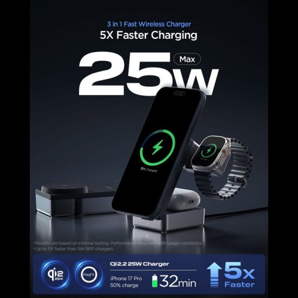 Ładowarka Indukcyjna Spigen 3w1 MagSafe 25W Qi2 do iPhone/Watch/AirPods – Czarna
