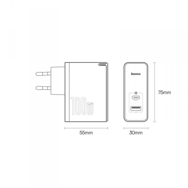 Baseus GaN5 Pro szybka uniwersalna ładowarka sieciowa GaN USB Typ C / USB 100W PD3.0, QC4.0+, AFC biały (CCGP090202)