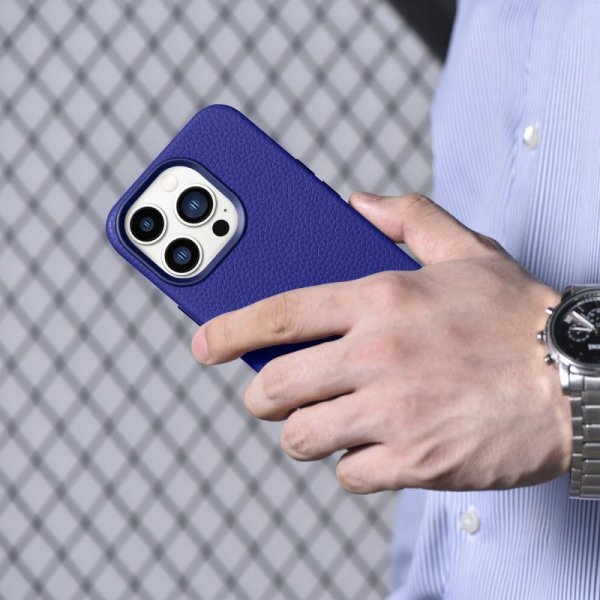 iCarer Litchi Premium Leather Case skórzane etui iPhone 14 Pro magnetyczne z MagSafe ciemnoniebieski (WMI14220710-DB)