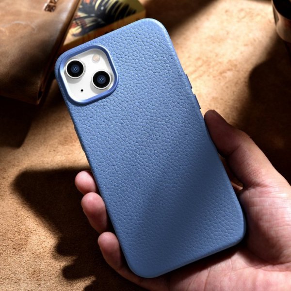 iCarer Litchi Premium Leather Case skórzane etui iPhone 14 Plus magnetyczne z MagSafe jasnoniebieski (WMI14220711-LB)