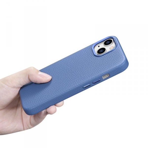 iCarer Litchi Premium Leather Case skórzane etui iPhone 14 Plus magnetyczne z MagSafe jasnoniebieski (WMI14220711-LB)