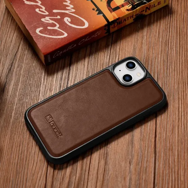 iCarer Leather Oil Wax etui pokryte naturalną skórą do iPhone 14 Plus (kompatybilne z MagSafe) brązowy (WMI14220719-BN)