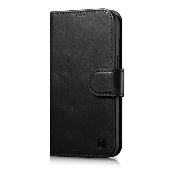 iCarer Oil Wax Wallet Case 2in1 etui iPhone 14 Pro skórzany pokrowiec z klapką Anti-RFID czarny (WMI14220722-BK)