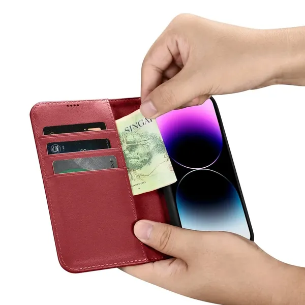 iCarer Wallet Case 2in1 etui iPhone 14 Pro skórzany pokrowiec z klapką Anti-RFID czerwony (WMI14220726-RD)