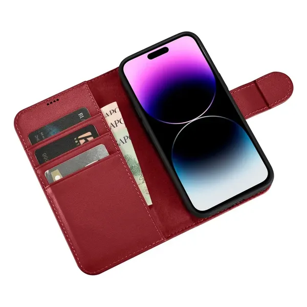 iCarer Wallet Case 2in1 etui iPhone 14 Pro skórzany pokrowiec z klapką Anti-RFID czerwony (WMI14220726-RD)