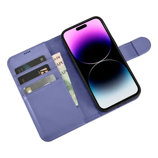 iCarer Wallet Case 2in1 etui iPhone 14 Pro skórzany pokrowiec z klapką Anti-RFID jasnofioletowy (WMI14220726-LP)