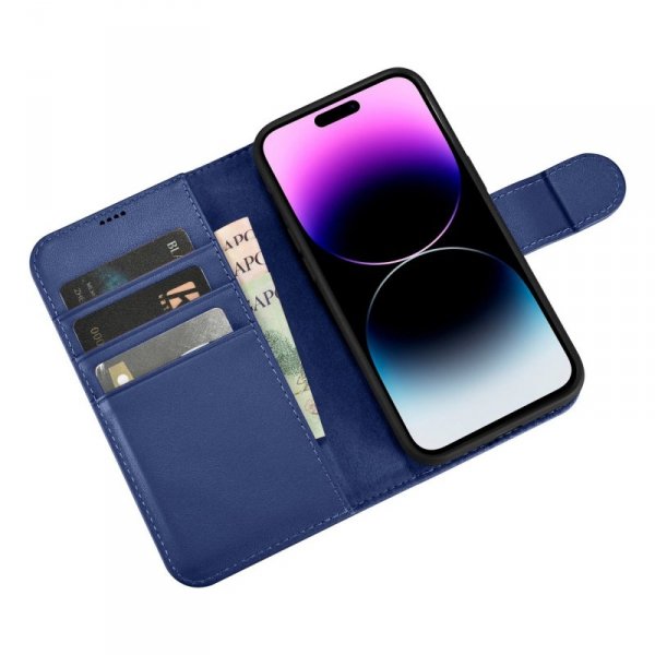 iCarer Wallet Case 2in1 etui iPhone 14 Pro skórzany pokrowiec z klapką Anti-RFID niebieski (WMI14220726-BU)