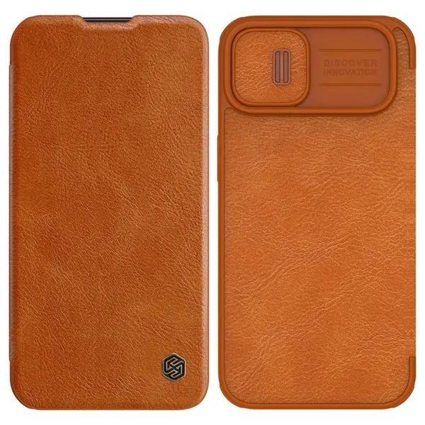 Nillkin Qin Leather Pro Case etui iPhone 14 osłona na aparat kabura pokrowiec obudowa z klapką brązowy