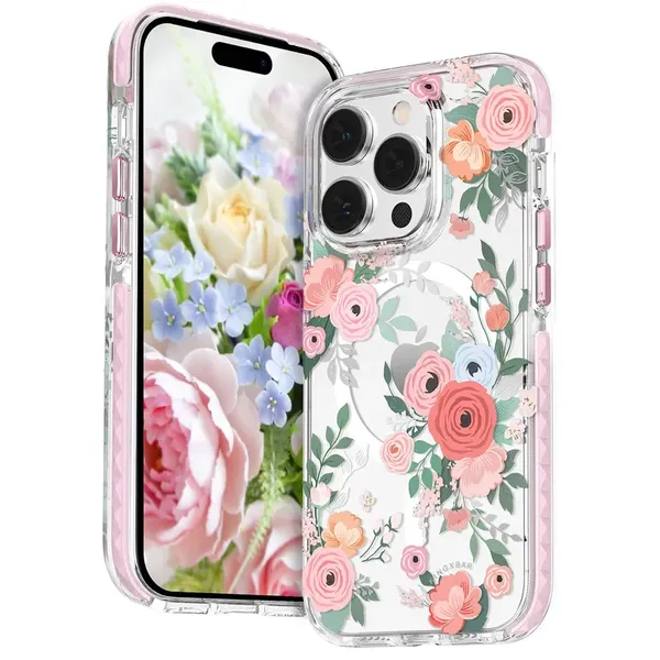 Kingxbar Flora Series magnetyczne etui iPhone 14 Pro Max MagSafe ozdobione nadrukiem w kwiaty rose
