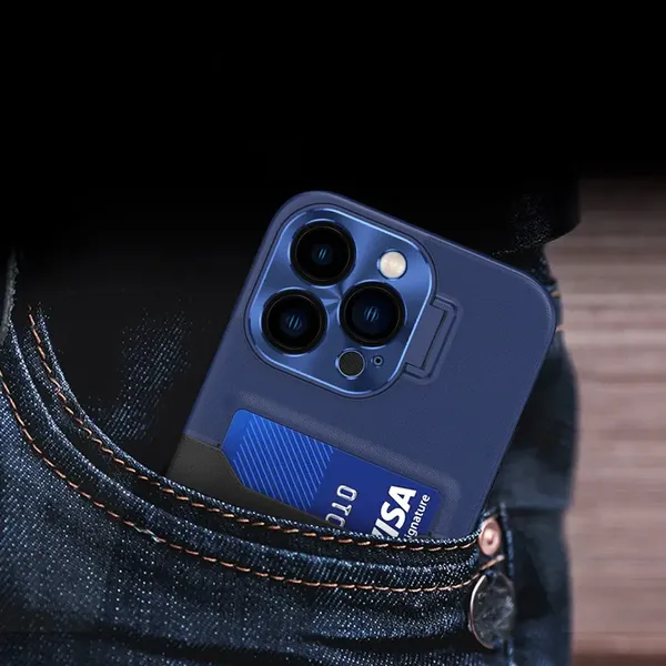 Leather Stand Case etui do iPhone 14 pokrowiec portfel na kartę z podstawką niebieskie