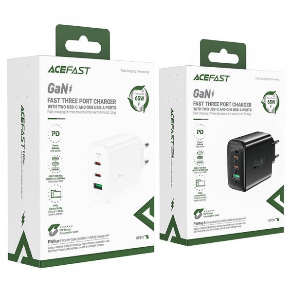 Acefast szybka ładowarka sieciowa GaN (2xUSB-C / USB-A) PPS / PD / QC4+ 65W czarna (A41)