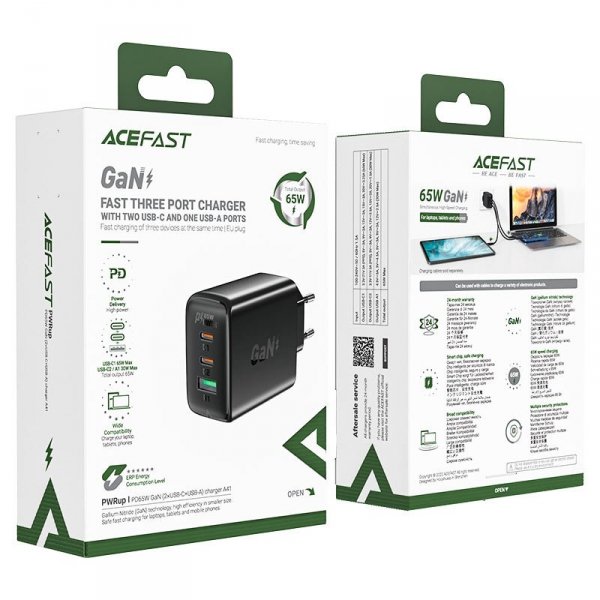 Acefast szybka ładowarka sieciowa GaN (2x USB-C / USB-A) PPS / PD / QC4+ 65W biała (A41)